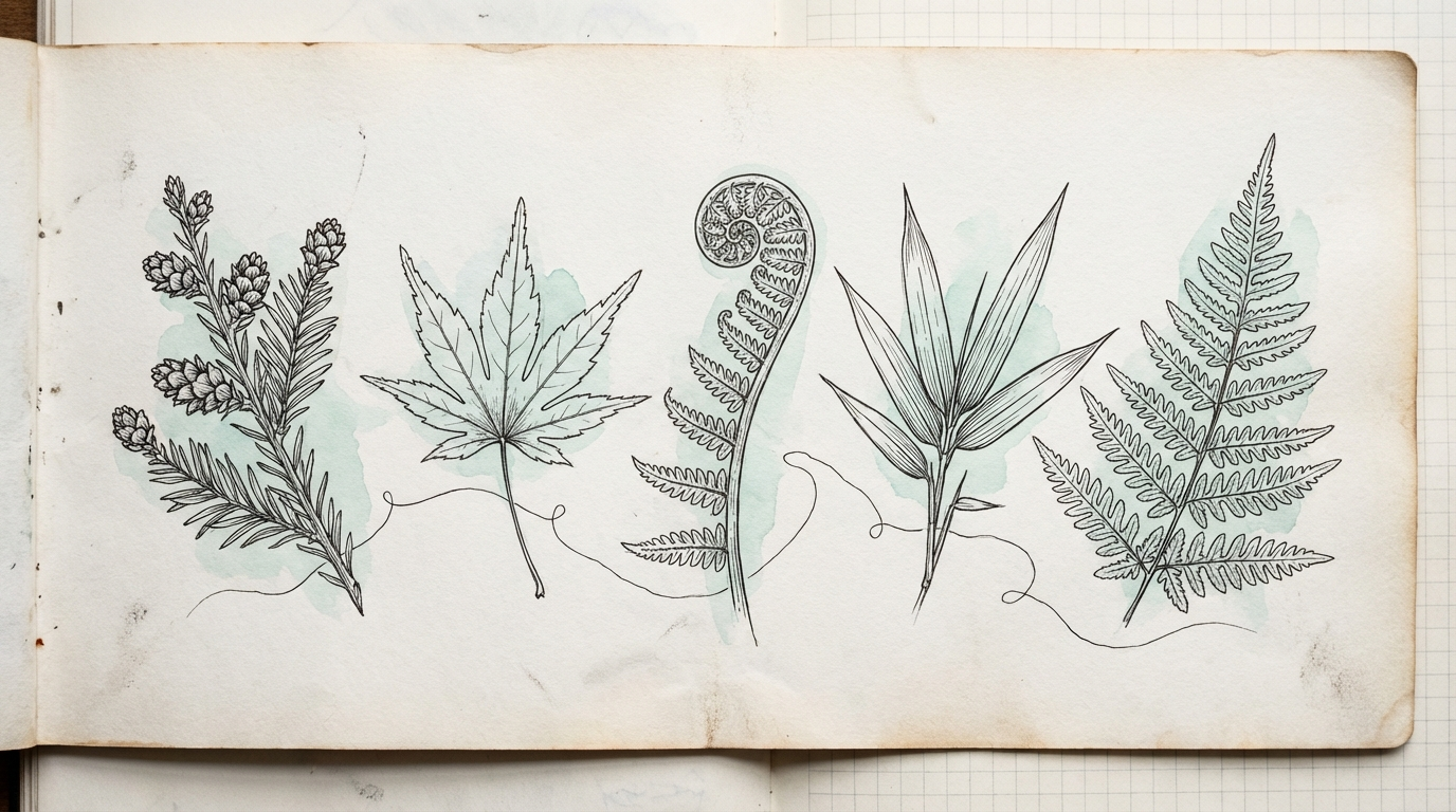 Botanical ink specimens with sage watercolor washes on aged paper